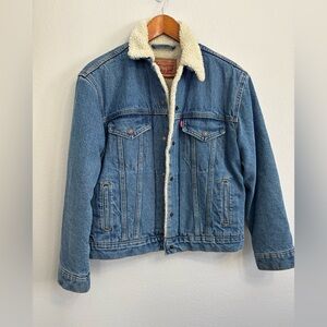 LEVI'S Sherpa Trucker JacktFleece Faded Blue Denim Small Snaps Button Lined Warm